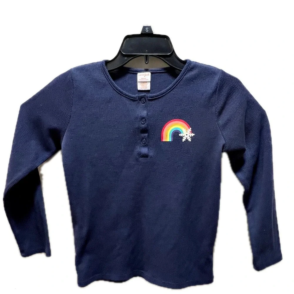 Cat Jack Navy Blue Long Sleeve Thermal Rainbow Snowflake Shirt Kids Large 10 12